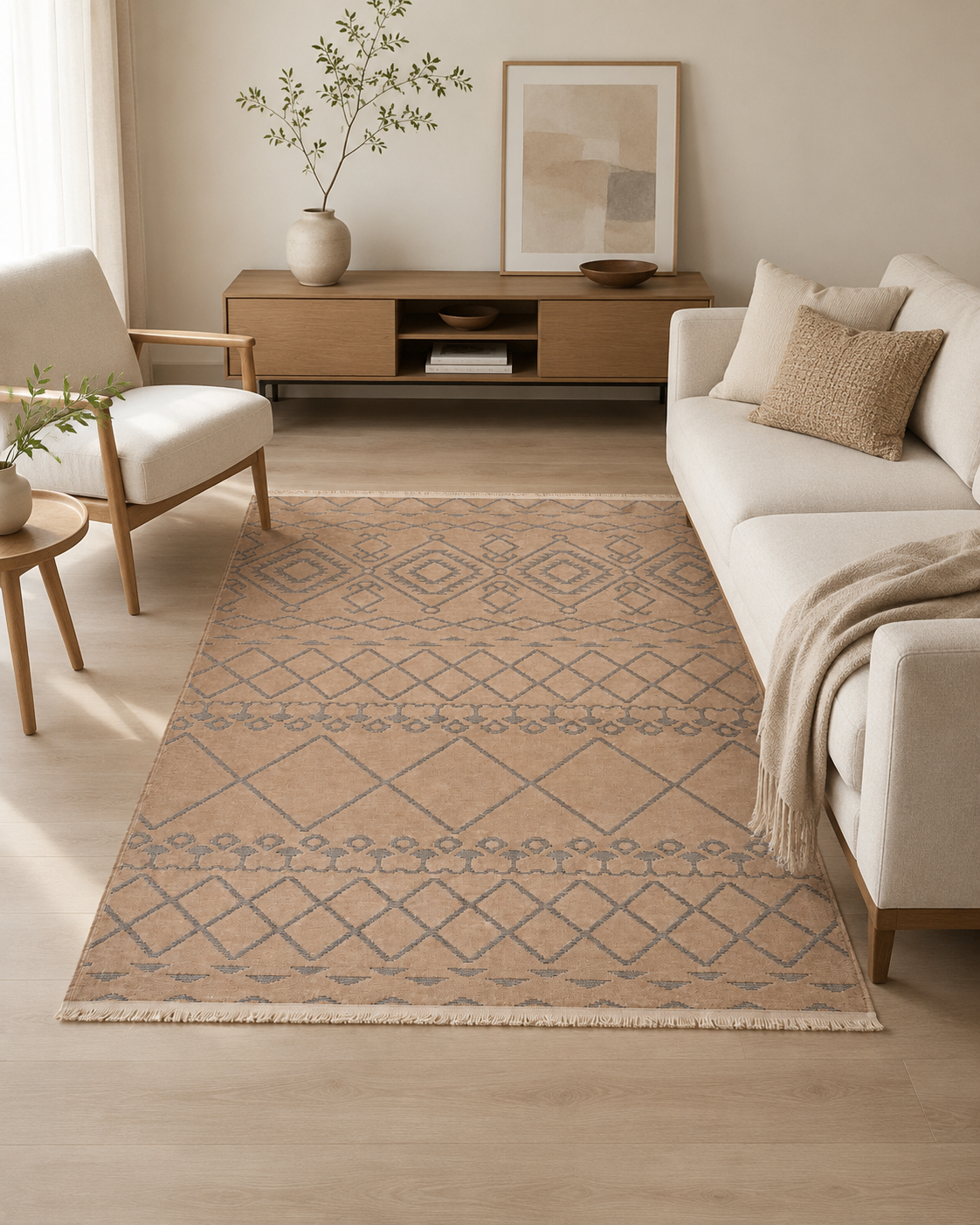 Taba Gri Geometrik Etnik Desenli Modern Bohem Şönil Kilim Halı