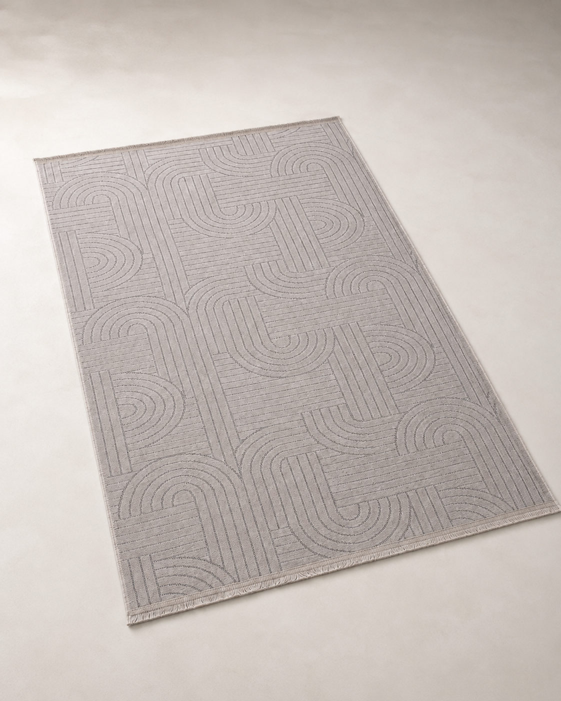 Açık Gri Soyut Kavis Desenli Modern Şönil Kilim Halı