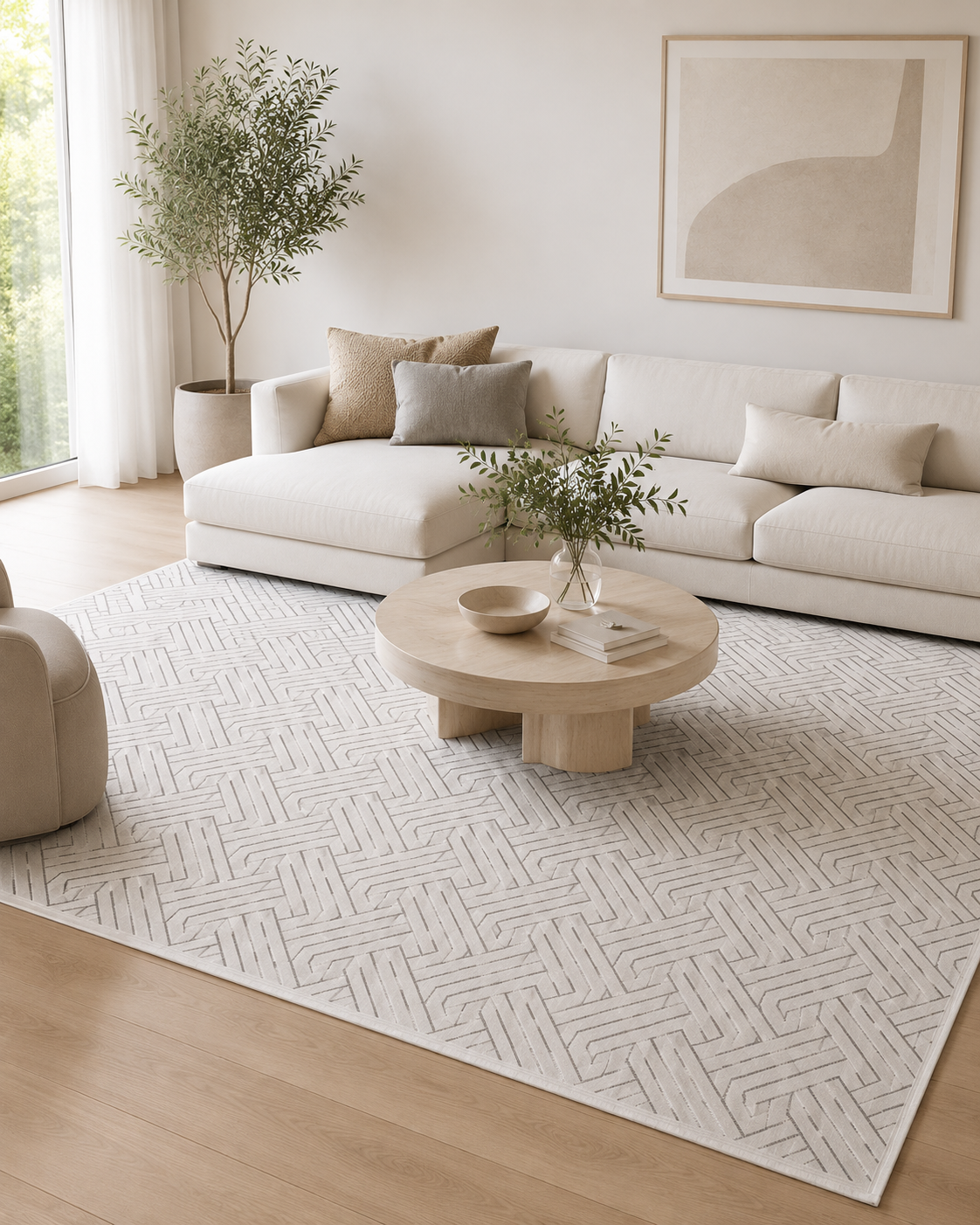 Modern Geometrik Çizgi Desenli Krem Şönil Kilim Halı