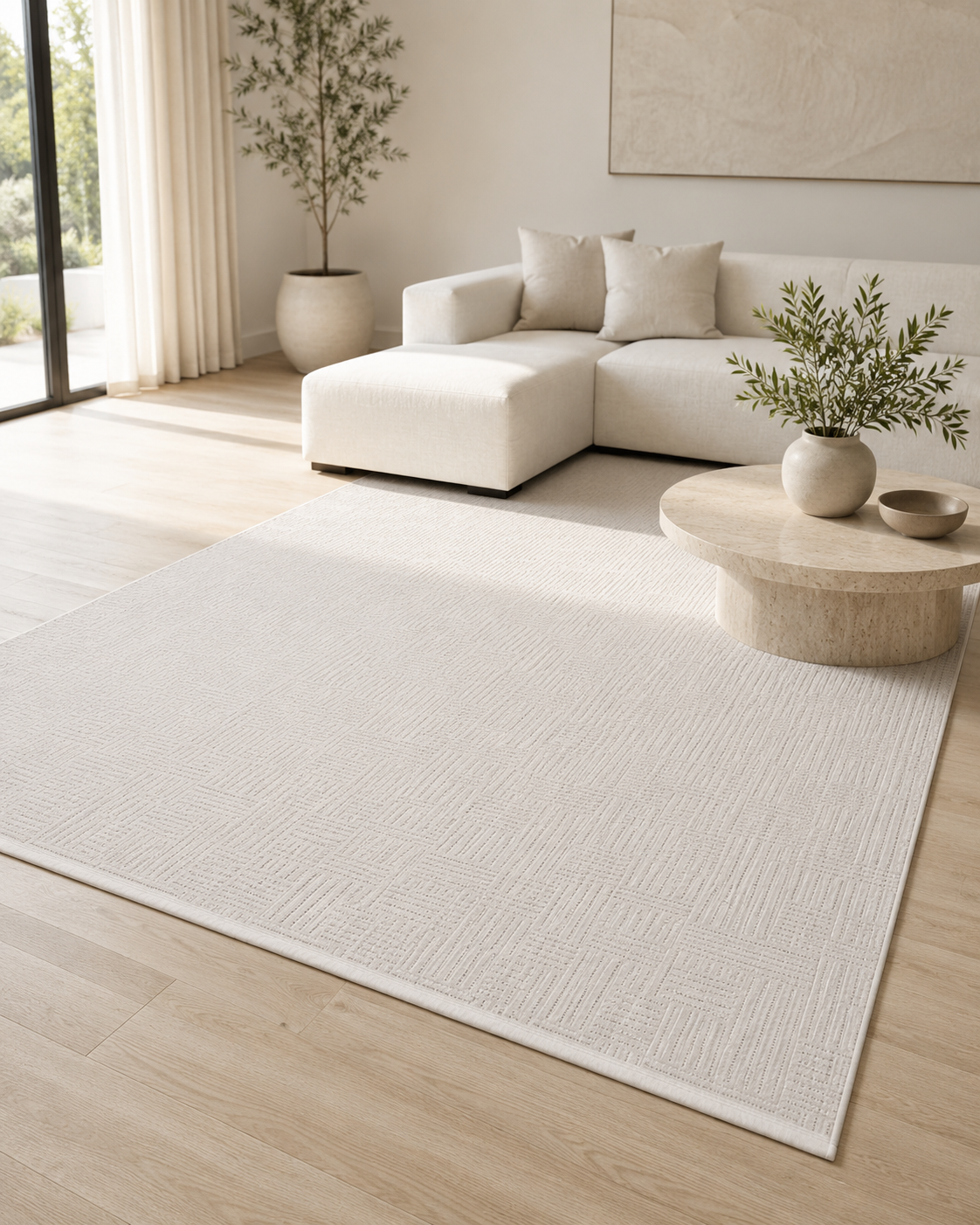 Krem Beyaz Dokulu Geometrik Desenli Modern Şönil Kilim Halı