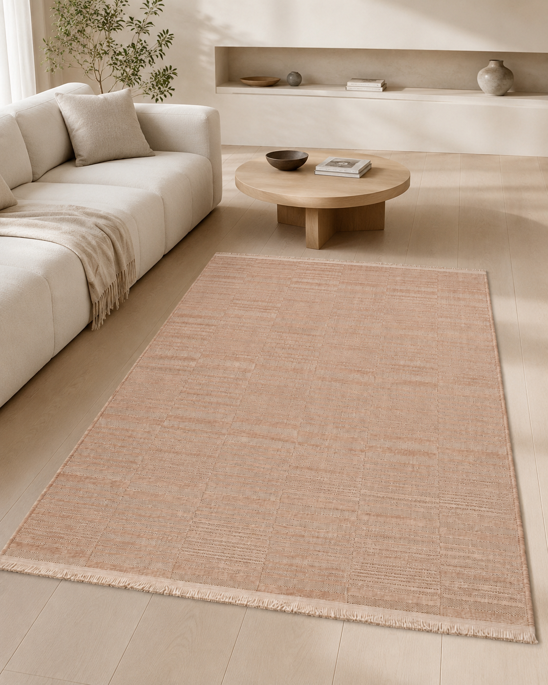 Modern Dokulu Bej Çizgi Desenli Şönil Kilim Halı