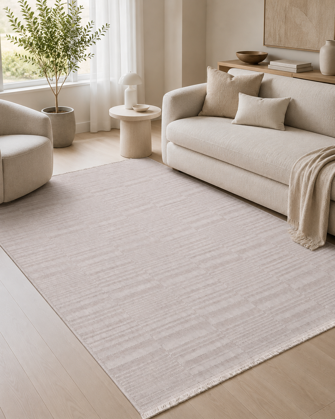 Modern Dokulu Gri Bej Çizgi Desenli Şönil Kilim Halı