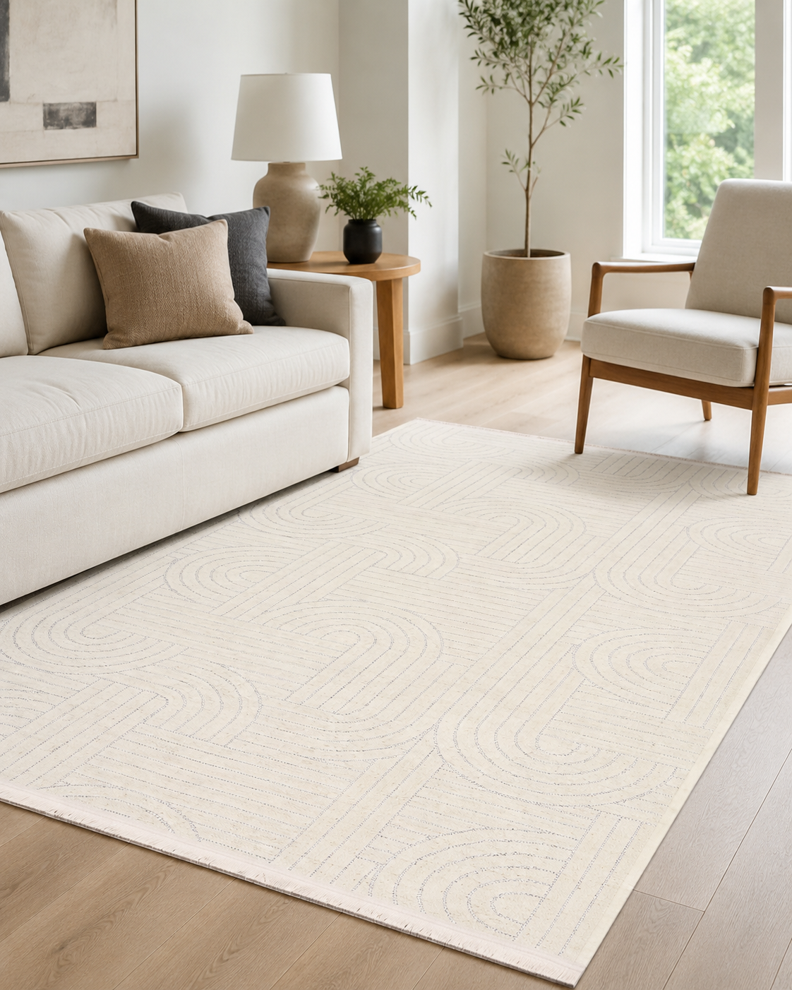 Modern Kavis Çizgi Desenli Krem Şönil Kilim Halı
