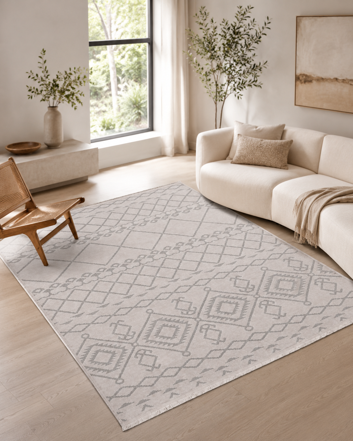 Modern Bohem Etnik Desenli Krem Gri Şönil Kilim Halı