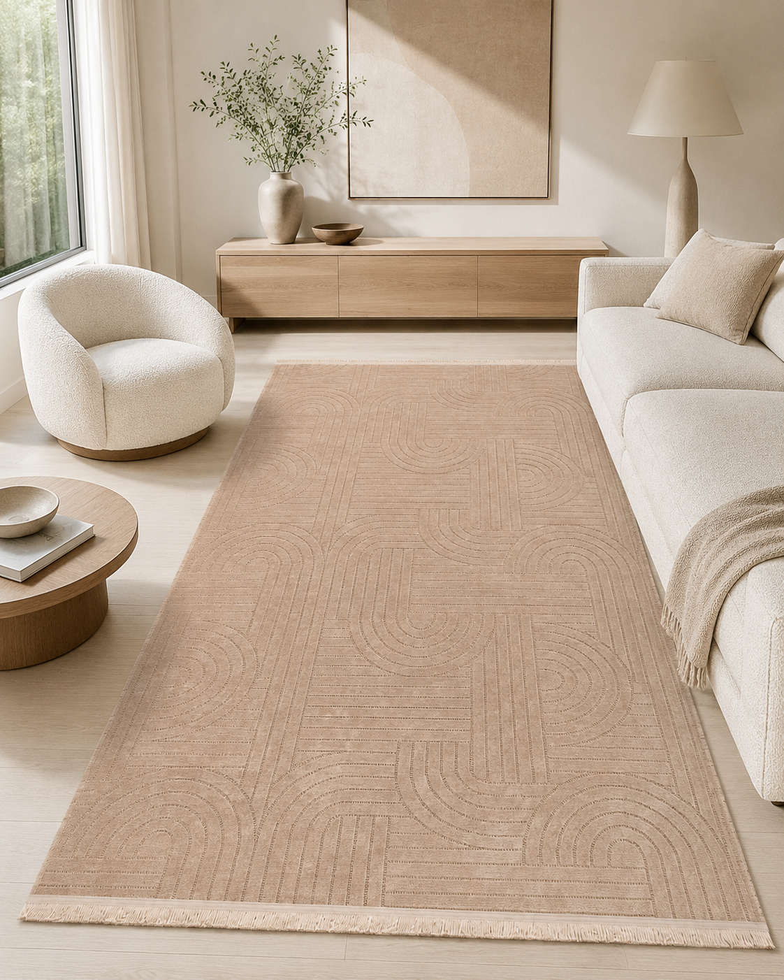 Pudra Bej Kavis Desenli Modern Şönil Kilim Halı