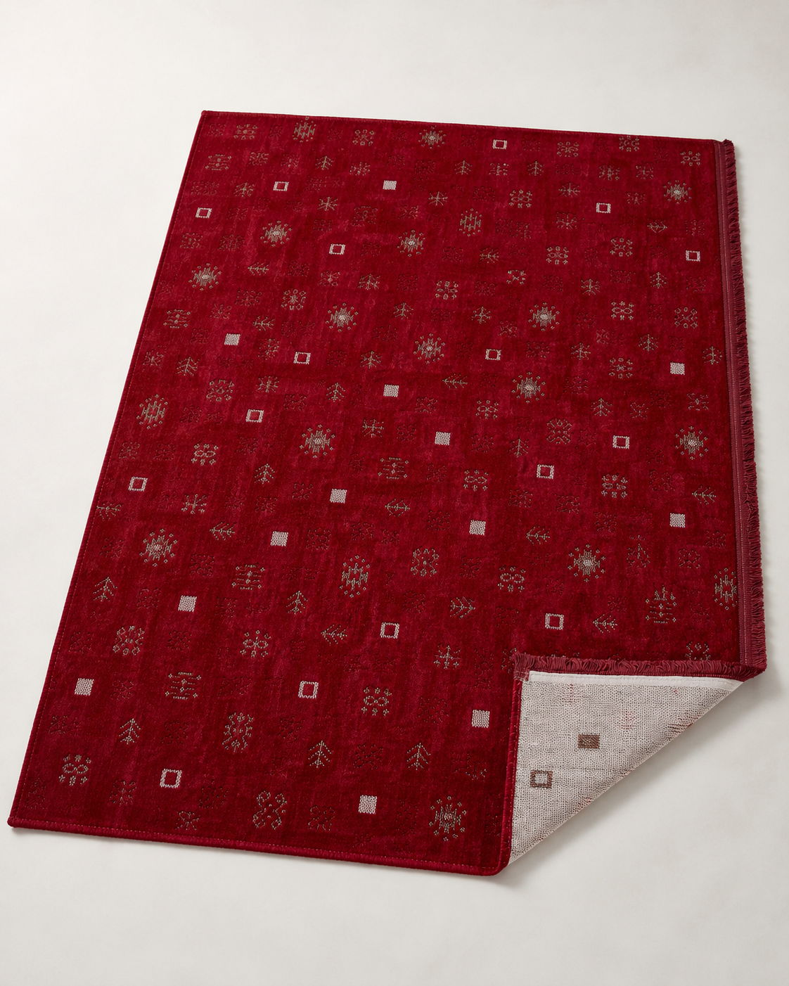 Etnik Motifli Modern Şönil Kilim - Canlı Kırmızı / Bordo