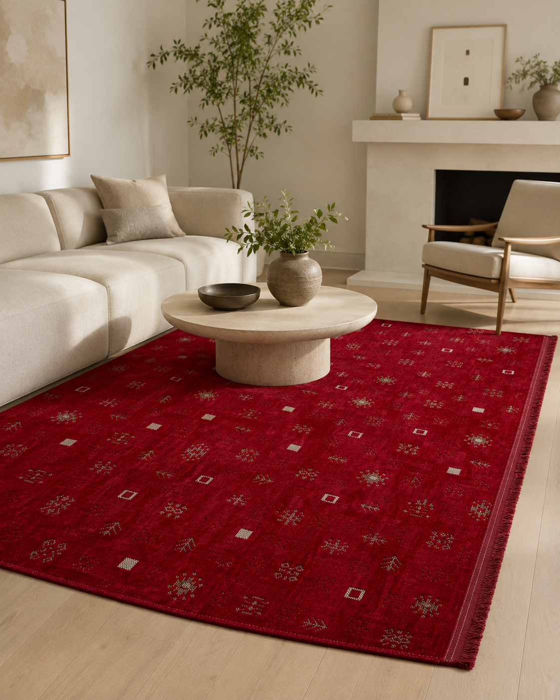 Etnik Motifli Modern Şönil Kilim - Canlı Kırmızı / Bordo