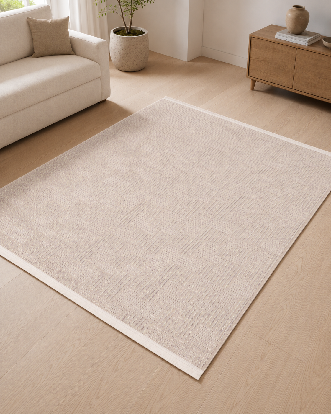 Modern Dokulu Krem Bej Geometrik Desenli Şönil Kilim Halı