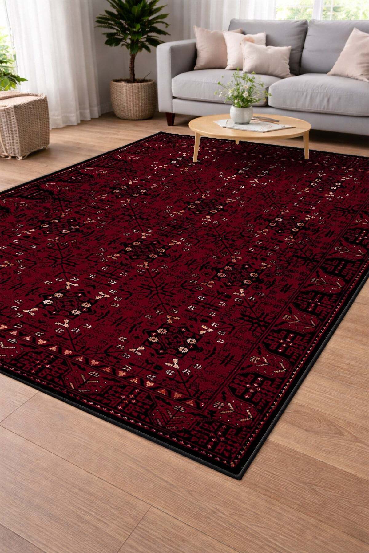 Klasik Motifli Eskitme Desen Lüks Sisal Halı - Bordo