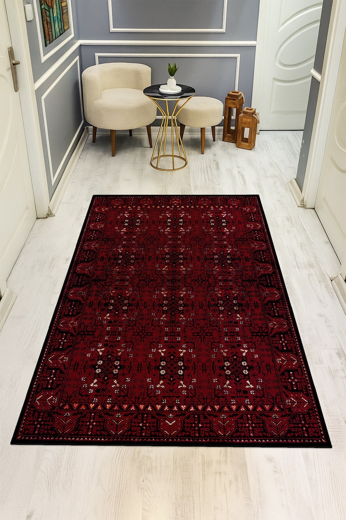 Klasik Motifli Eskitme Desen Lüks Sisal Halı - Bordo