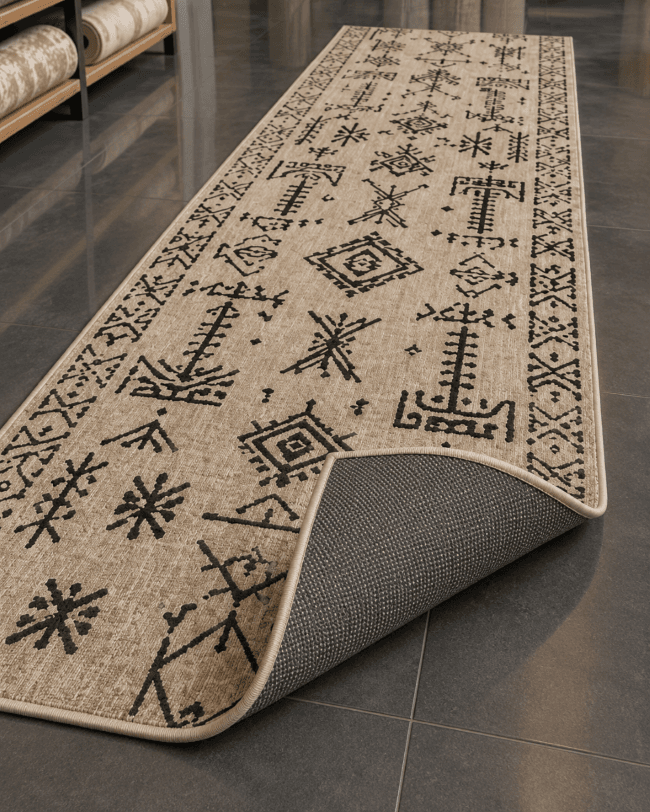 Etnik Kilim Desenli Koridor Yolluğu - Hasır Bej Jüt Görünümlü Halı image 2