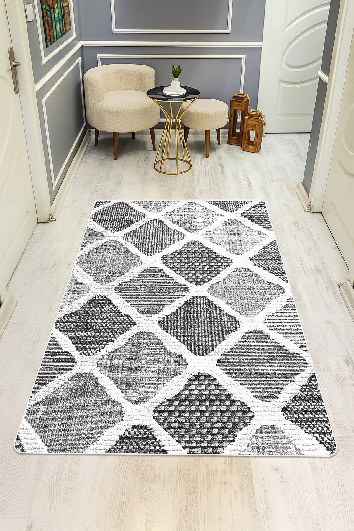Mozaik Gri Siyah Geometrik Kaymaz Taban Halı