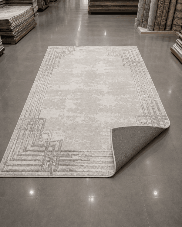 Geometrik Çerçeveli Modern Salon Halısı - Krem Gri Eskitme Desenli image 2