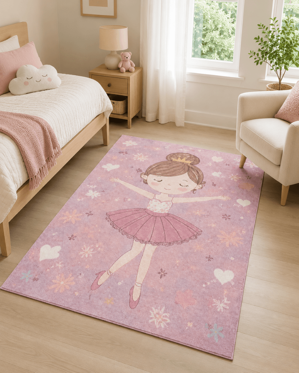 Balerin Kız Desenli Çocuk Odası Halısı - Pembe Kalpli Bebek Halısı image 1