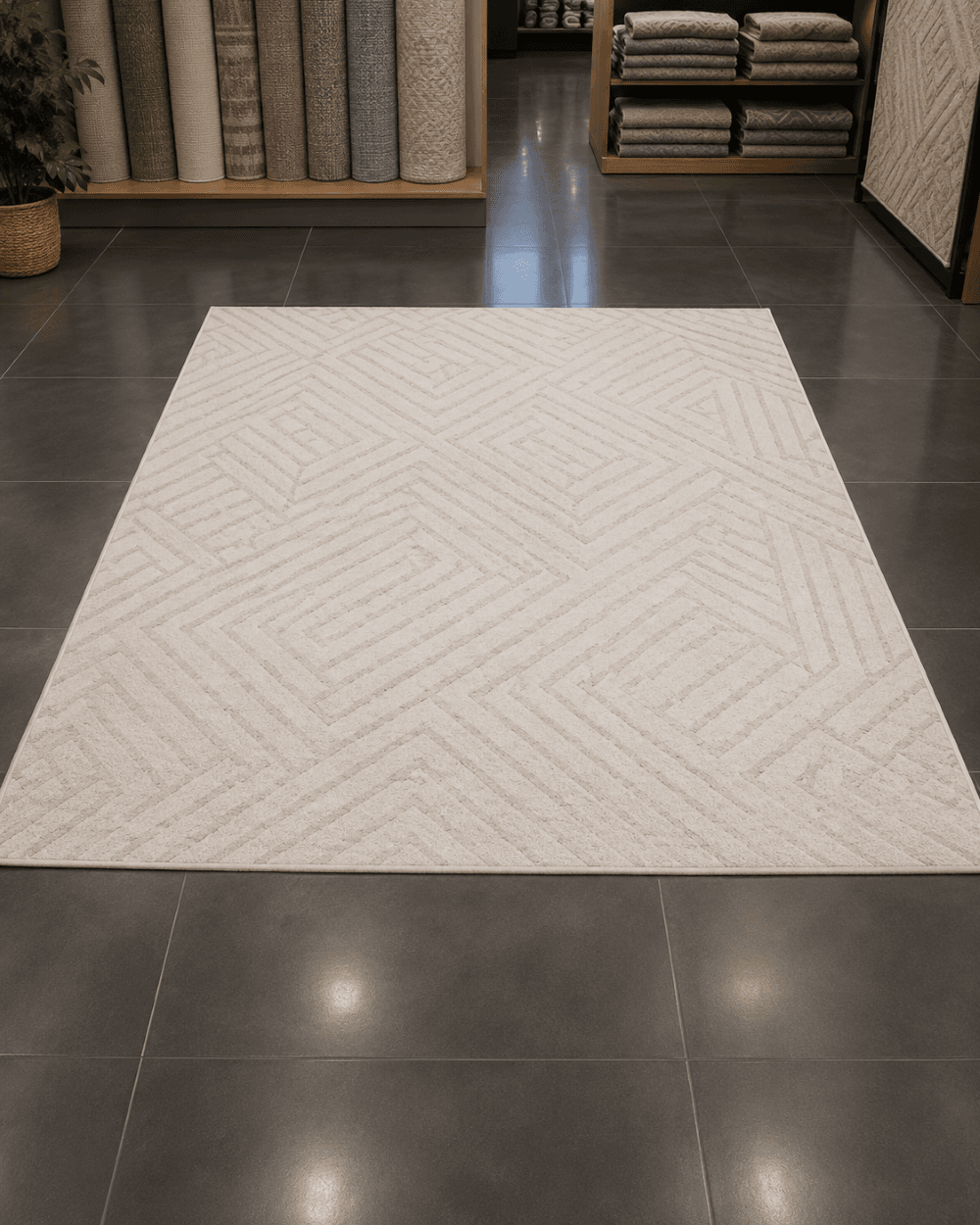 Minimalist Geometrik Figürlü Yatak Odası Halısı - Krem Leke Tutmaz Dekoratif image 0