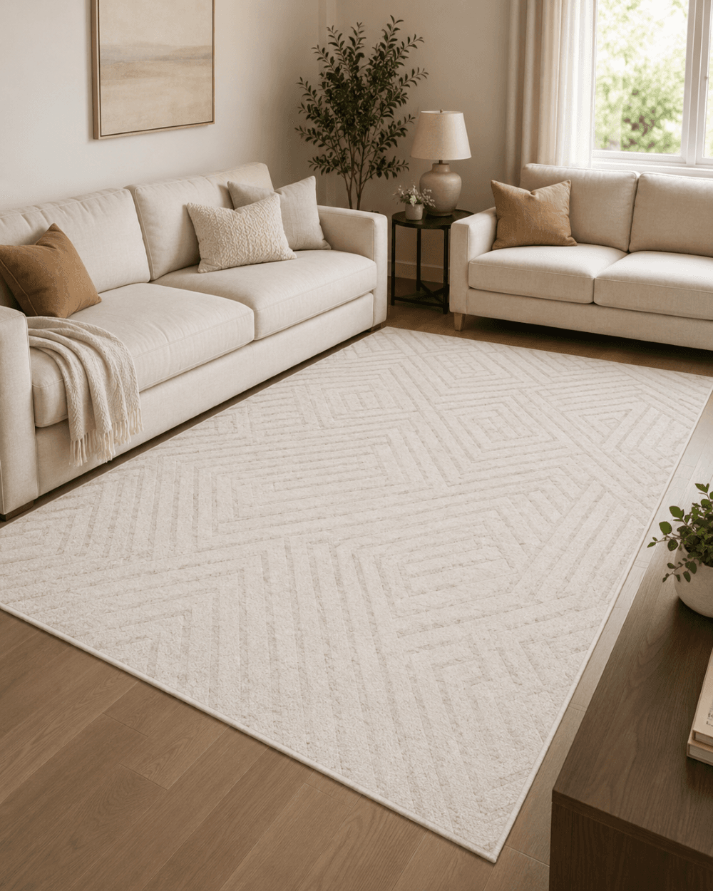 Minimalist Geometrik Figürlü Yatak Odası Halısı - Krem Leke Tutmaz Dekoratif image 1