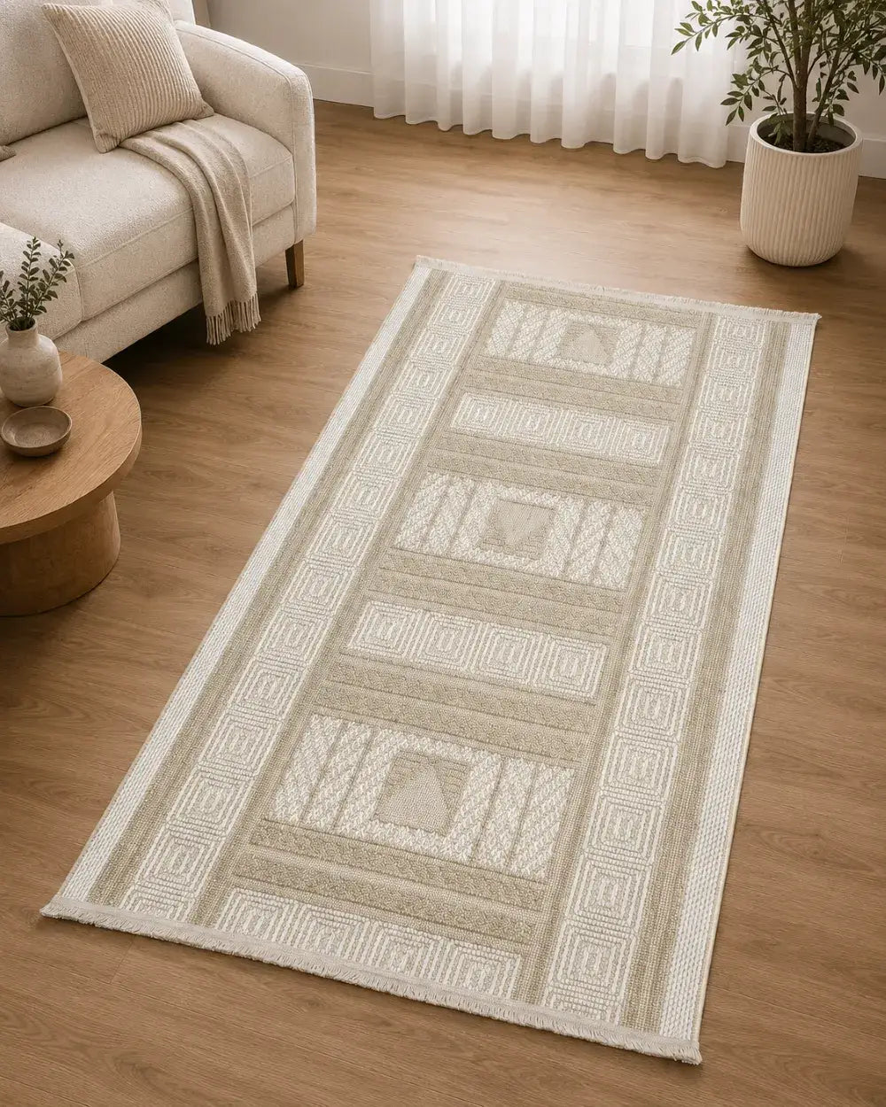 Hasır Dokulu Geometrik Mutfak Halısı - Natürel Krem Saçaklı Yolluk image 4