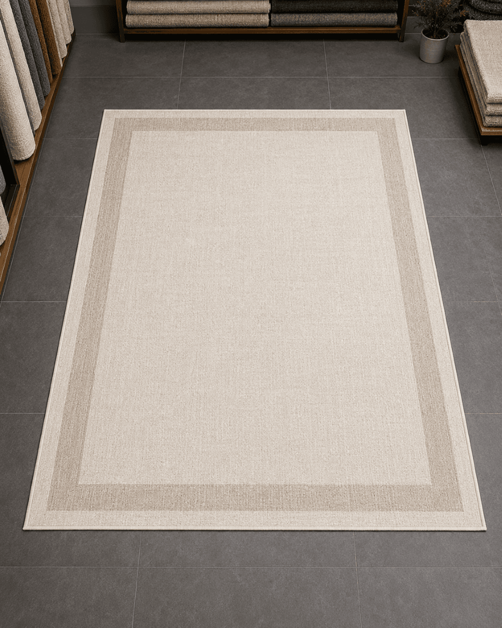 Minimalist Düz Renk Oturma Odası Halısı - Bej Tonlu Çift Çerçeveli Lüks Halı image 0