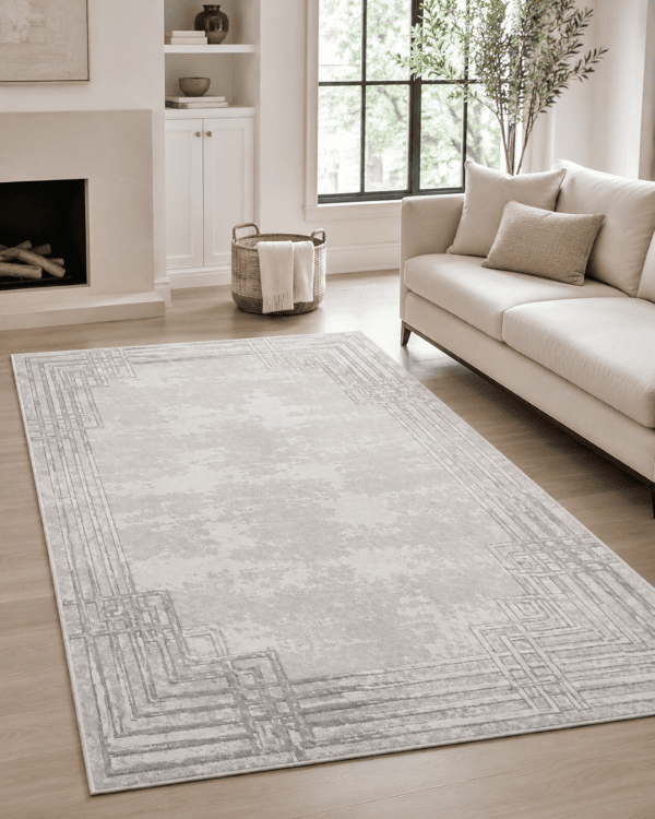 Geometrik Çerçeveli Modern Salon Halısı - Krem Gri Eskitme Desenli image 1