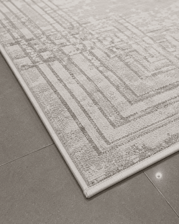 Geometrik Çerçeveli Modern Salon Halısı - Krem Gri Eskitme Desenli image 3